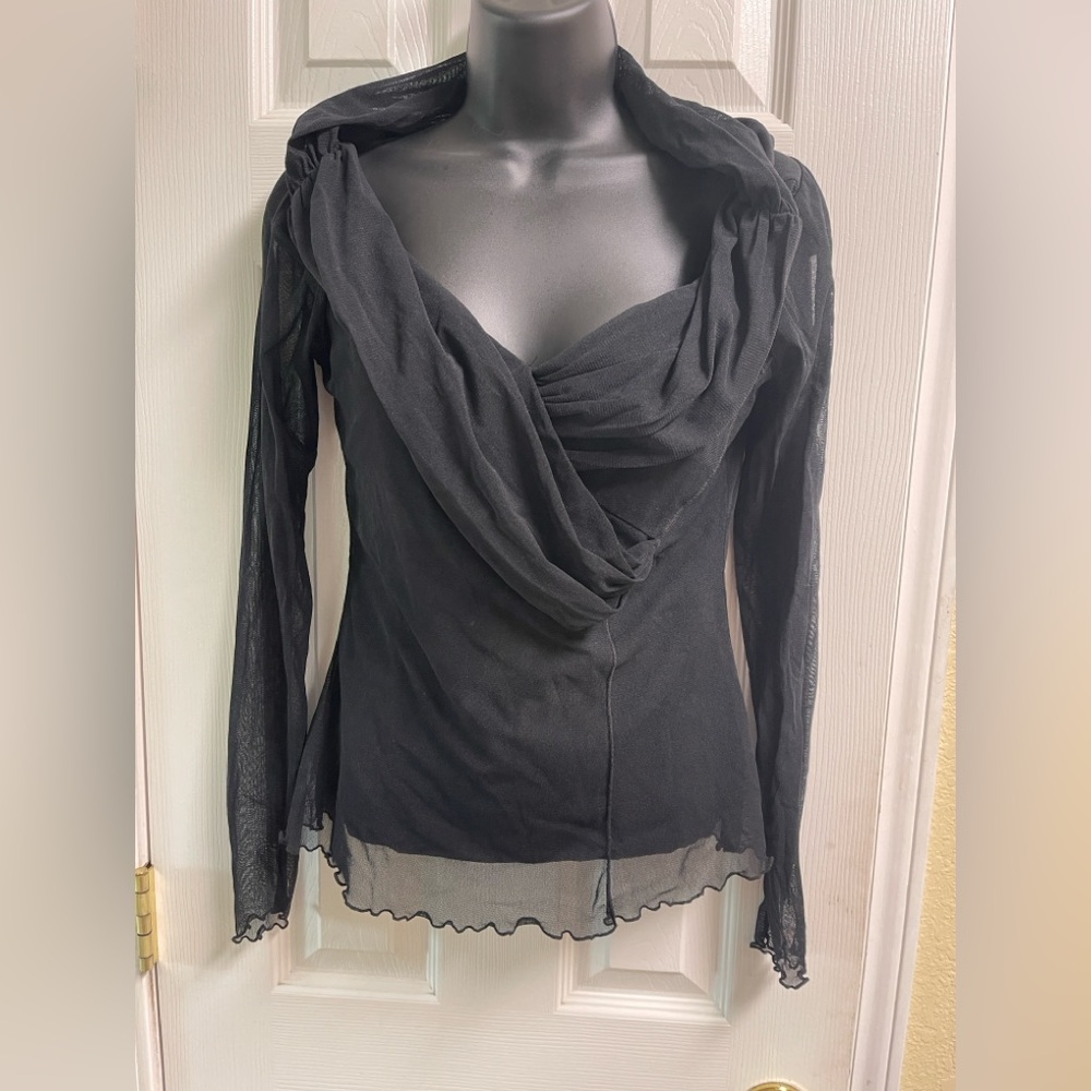 Elana Kattan Black Mesh Top with Plunge Neckline & Ruched front.  EUC S-M
